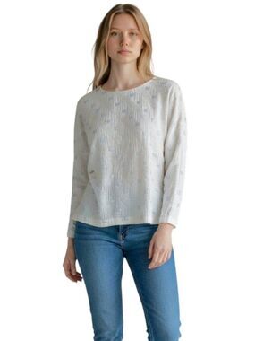 Zara Basic Metallic Woven Chevron Texture Long Sleeve Top Ivory Back Zip Size XS